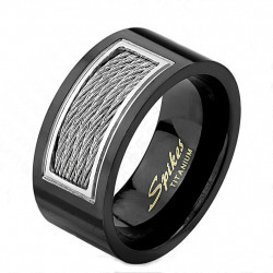 Bague anneau homme en titane noire et 5 filins torsadés acier large 10mm