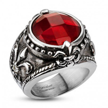 Bague chevalière homme en acier croix fleur de lys et pierre rouge