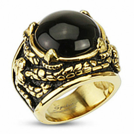 Bague homme acier plaqué or et oeil onyx noir griffes dragon antique