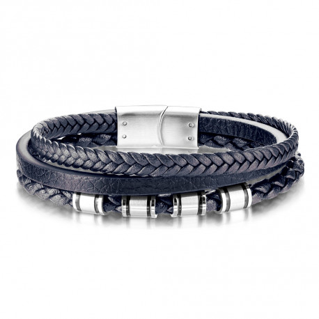 Bracelet classe homme en cuir bleu triple liens et fermoir acier aimanté