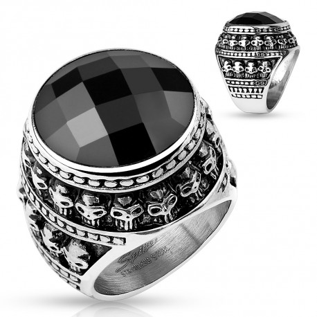 Bague homme acier couronne de têtes de mort et pierre noire rock biker