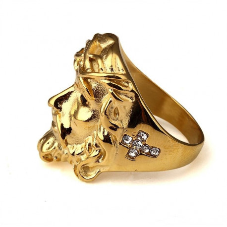 Bague chevali re homme plaqu or visage J sus christ croix sertie