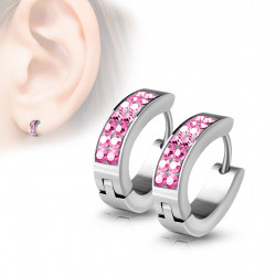 Paire boucles d'oreilles créoles chic femme acier sertie pierres roses