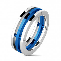 Bague trio anneaux homme acier inox et plaqué bleu design original