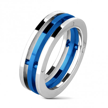 Bague trio anneaux homme acier inox et plaque noir design original