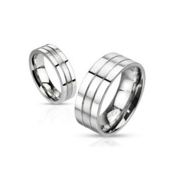 Bague anneau de fiançailles engagement homme femme acier deux rainures