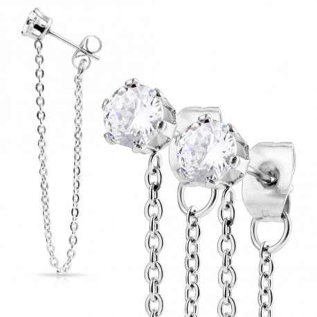 Paire boucles d'oreille femme acier chaine pendante 2 pierres zirconium