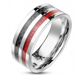Bague anneau homme acier avec duo fibre de carbone rouge et noire