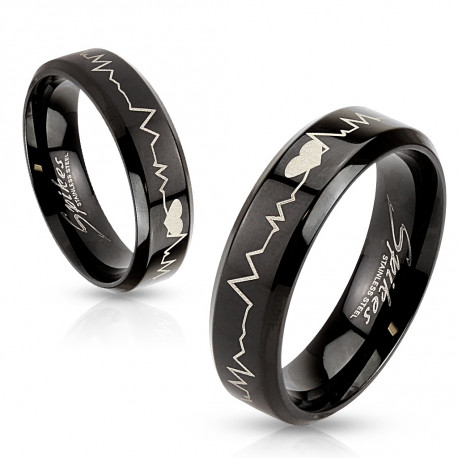 Bague anneau femme homme acier laqué noire battement de cœur couple