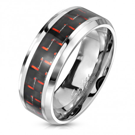 Bague anneau homme acier bande fibre de carbone couleur rouge et noir