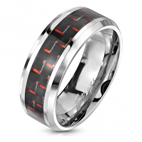 BAGUE ANNEAU HOMME ADO EN TUNGSTENE FIBRE DE CARBONE NOIR ET ROUGE