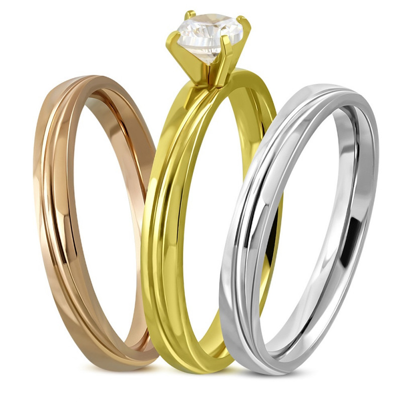 Bague anneau de mariage  femme solitaire acier trio or 