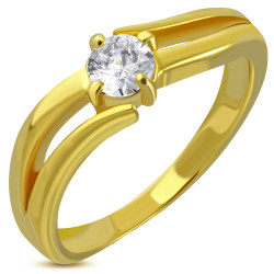 Bague anneau de fiançailles femme acier placage or sertie pierre ronde