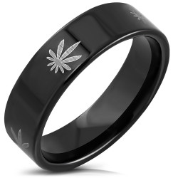 Bague anneau homme acier plaqué noir décoré de feuilles de cannabis