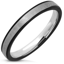 Bague anneau de fiançailles femme acier noire bande argentée 3mm