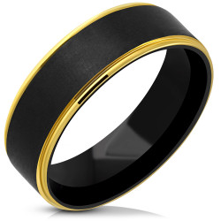 Bague anneau pour homme acier bandeau placage noir brossé bords or 8mm
