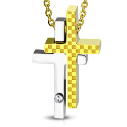 Pendentif homme acier bicolore croix superposées placage doré damier