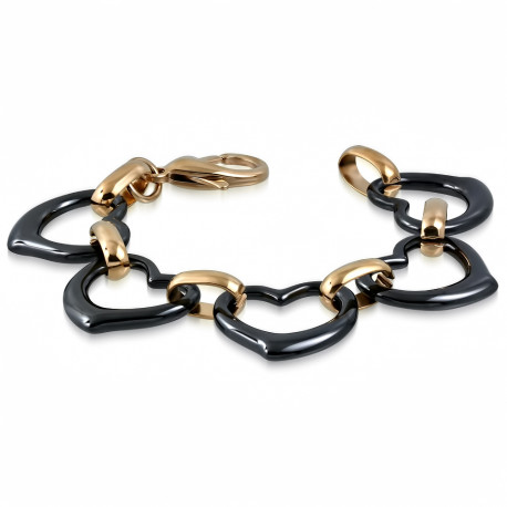 Bracelet femme maillons coeur en céramique noire et en acier cuivré