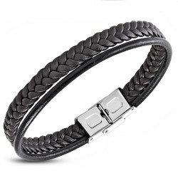 Bracelet homme cuir tressé et fleur de lys crane acier biker 22cm