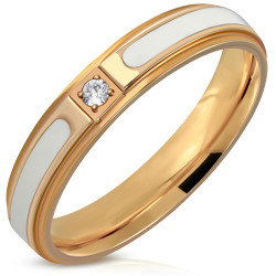 Bague alliance mariage femme bicolore acier cuivre bande blanche sertie