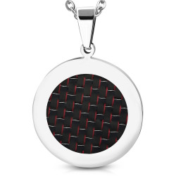 Pendentif homme plaque ronde acier et fibres de carbone rouge et noir