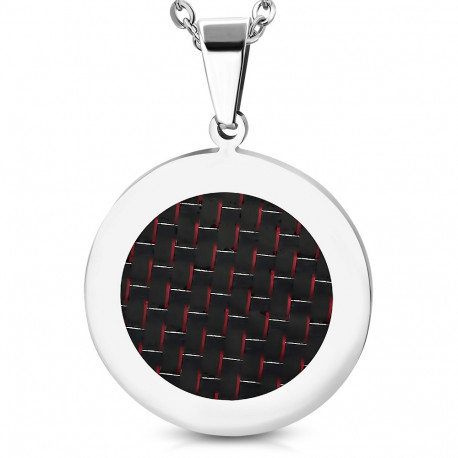 Pendentif homme plaque ronde acier et fibres de carbone rouge et noir