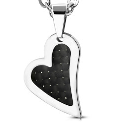 Pendentif femme homme plaque coeur acier et fibres de carbone noir