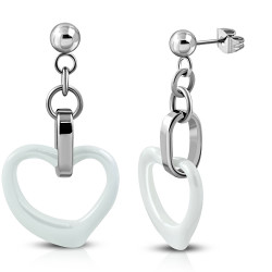 Boucles d'oreilles femme acier pendant coeur en céramique blanche