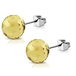 Boucles d'oreilles femme acier et cristal boule jaune topaze 8mm