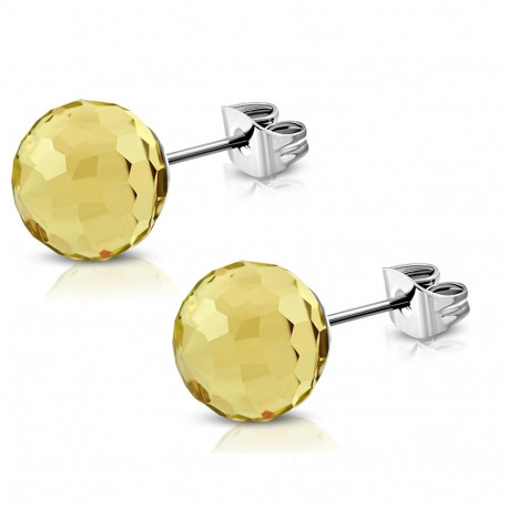 Boucles d'oreilles femme acier et cristal boule jaune topaze 8mm