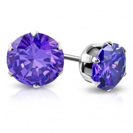 Boucles d'oreilles femme fille acier pierre violette foncé ronde 3mm