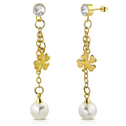 Paire boucles d'oreilles femme plaqué or trèfle perle et zirconium