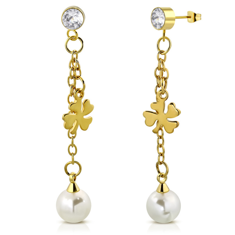 Paire boucles d'oreilles femme plaqué or trèfle perle et zirconium