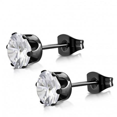 Boucles d'oreilles homme acier placage noir pierre blanche ronde 5mm