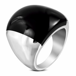 Bague chevalière femme acier forme dome pierre onyx noire élégante