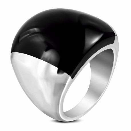 Bague chevalière femme acier forme dome pierre onyx noire élégante