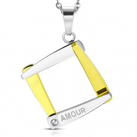 Pendentif femme homme acier et plaqué or carré déclaration d'amour