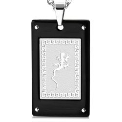 Pendentif femme homme plaque acier rectangulaire lézard frise grecque