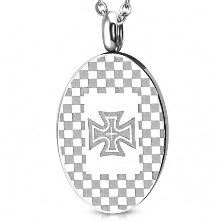 Pendentif homme plaque ovale acier gravure damier croix celtique