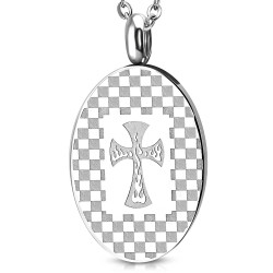 Pendentif homme plaque ovale acier damier croix médiévale flamme biker