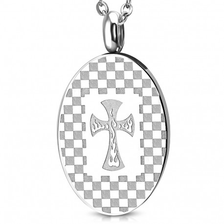 Pendentif homme plaque ovale acier damier croix médiévale flamme biker