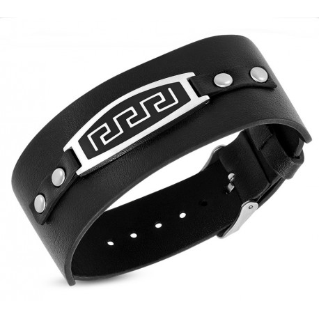 Bracelet force homme acier frise grec et silicone imitation cuir biker