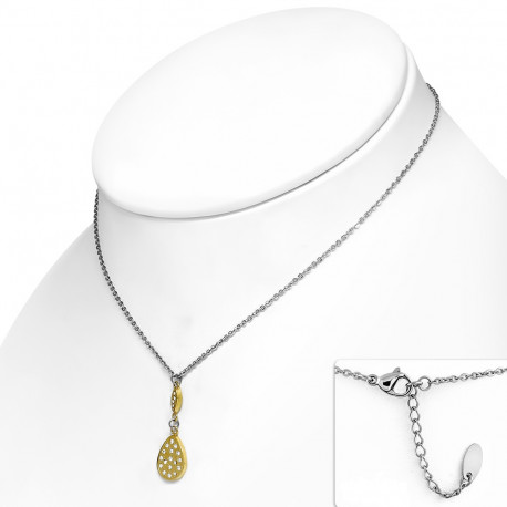 Parure chaine collier femme acier et pendentif double larme pavé zircon