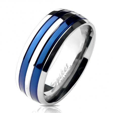 Bague anneau pour homme en titane 2 bandes plaqué bleu azur blue