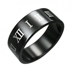 BAGUE TOUTE PLAQUE NOIR POUR HOMME ADO EN ACIER INOX 316L CHIFFRES ROMAINS I V X NEUVE