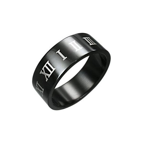 BAGUE TOUTE PLAQUE NOIR POUR HOMME ADO EN ACIER INOX 316L CHIFFRES ROMAINS I V X NEUVE