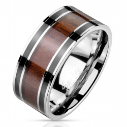 Bague anneau homme acier avec bande imitation bois double ligne noire