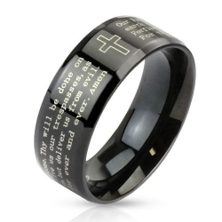 BAGUE HOMME ACIER CROIX PLAQUE NOIR PRIERE NOTRE PERE SEIGNEUR LORD