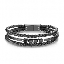 Bracelet homme cuir noir triple liens et cylindres fermoir acier