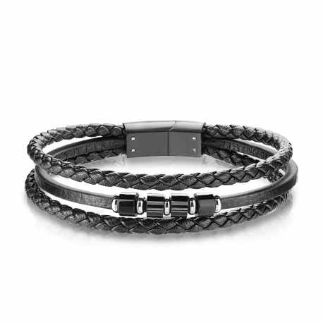 Bracelet homme cuir cordons noir fermoir manille marin acier - BijouxStore  - webid:2120